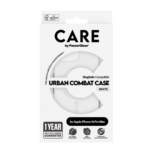 PanzerGlass CARE™ by ® Urban Combat Case Transparent w. White MagSafe iPhone 16 Pro Max. Case type: Cover, Marke-Kompatibi