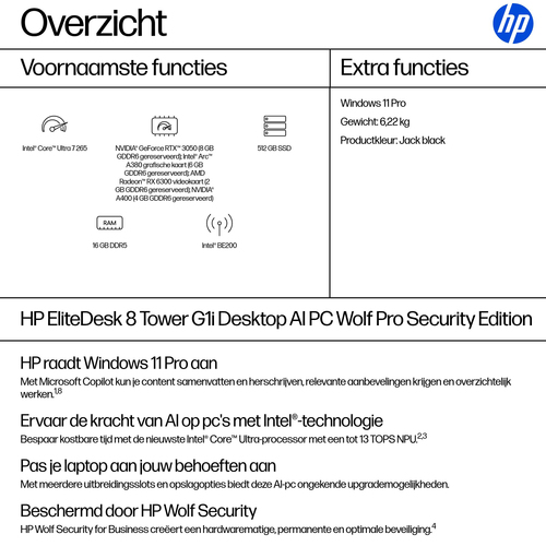 HP EliteDesk 8 G1i AI PC Wolf Pro Security. Processor family: Intel Core Ultra 7, Processor model: 265. Internal memory: 1