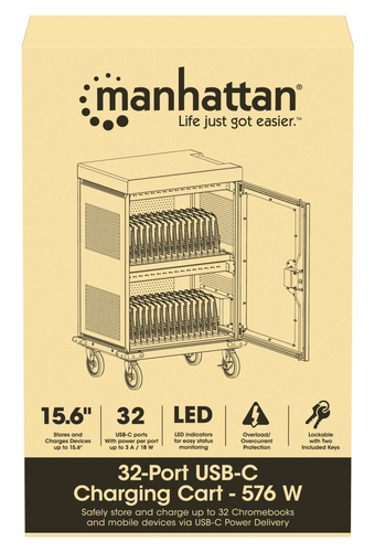 Manhattan iPad to 13", MacBook Air to 15" & Chromebook 16" 32-bay Charging Trolley/Cart via USB-C, Also other tablets/smar