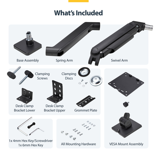 StarTech.com Monitor Desk Mount for up to 49in 32:9 Ultrawide Curved Screen, Mechanical Spring Arm, C-Clamp/Grommet, Max W