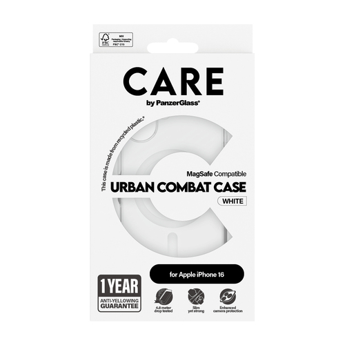 PanzerGlass CARE™ by ® Urban Combat Case Transparent w. White MagSafe iPhone 16. Case type: Cover, Brand compatibility: Ap