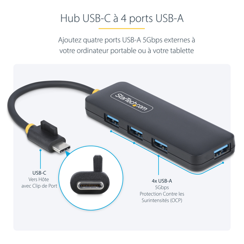 StarTech.com Hub USB-C 4 Ports, 5Gbps, USB-C vers 4x USB-A, Alimenté par Bus, Mini Hub de Voyage, Splitter USB 3.0 Multipo