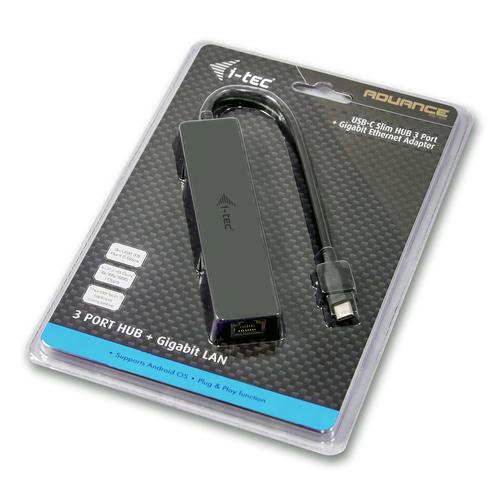 i-tec Advance USB-C Slim Passive HUB 3 Port + Gigabit Ethernet Adapter. Product colour: Black, LED indicators: LAN, Chipse