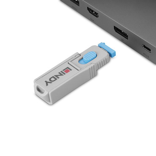 Lindy 40324. Product type: Port blocker + key, Compatible ports/slots: DisplayPort, Product colour: Blue. Width: 42 mm, De