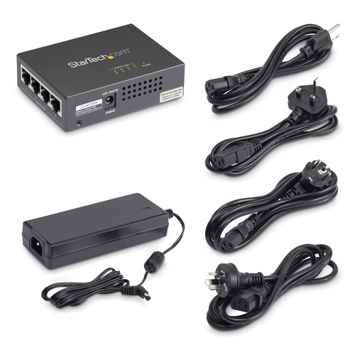StarTech.com PoE Injector - 52 V DC, 2.31 A Output - 4 Input Port(s) - 4 Output Port(s) - Wall Mountable - Black
