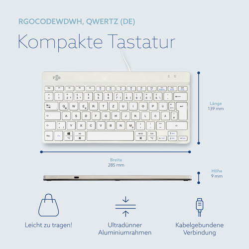 R-Go Tools Ergonomische Tastatur R-Go Compact Break, kompakte Tastatur mit Pausensoftware, QWERTZ (DE), Kabelgebunden, Wei