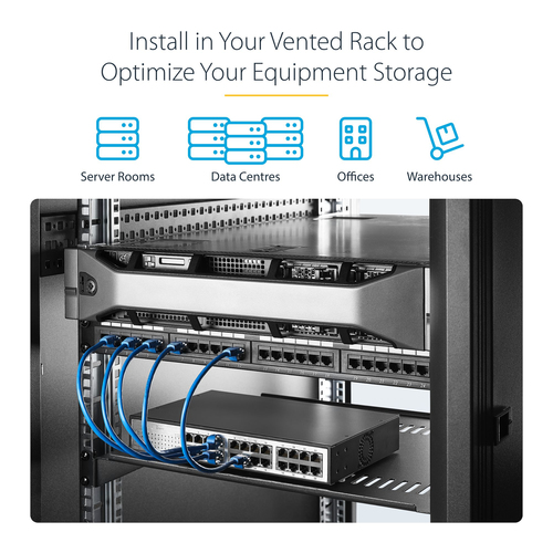StarTech.com 1U Rack-mountable Rack Shelf for Rack, Networking - Black - SPCC, Steel - 19.96 kg Maximum Weight Capacity