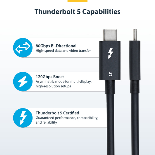 StarTech.com 3ft (1m) Thunderbolt 5 Cable, 80Gbps/120Gbps, 240W PD, 8K 60Hz, Certified Thunderbolt Cable, Compatible w/TB4