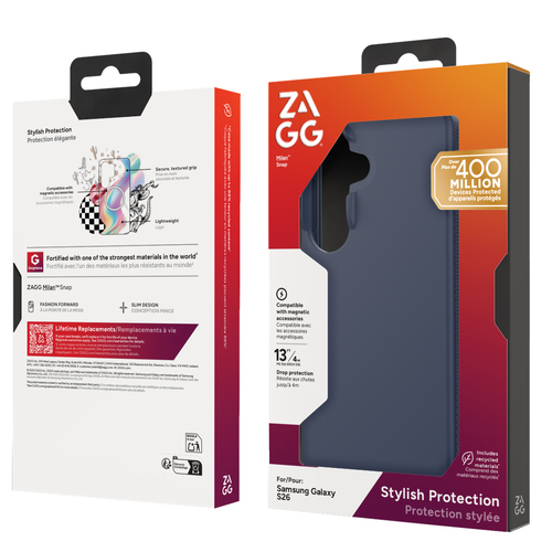 ZAGG Milan Snap Case for Samsung Galaxy S26 Smartphone - Textured Edges/Grips - Navy - Drop Resistant, Anti-slip, Scratch 