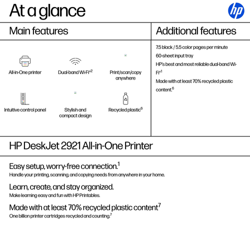 HP Deskjet 2921 Kabellos - Tintenstrahl-Multifunktionsdrucker - Farbe - Grau - Kopierer/Drucker/Scanner - 4800 x 1200 dpi 