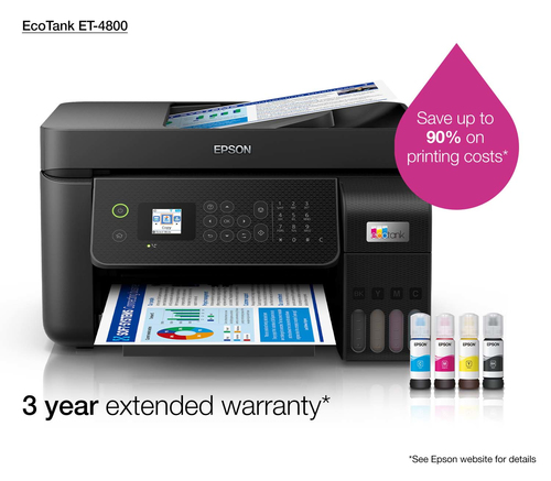 Epson ET-4800 Wireless EcoTank Inkjet Multifunction Printer - Colour - Copier/Fax/Printer/Scanner - 5760 x 1440 dpi Print 