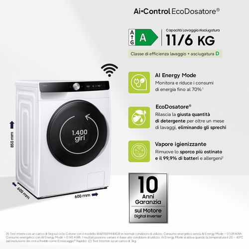 Samsung WD11DG6B85BK. Tipo di carica: Caricamento frontale, Posizionamento dell'apparecchio: Libera installazione, Colore 