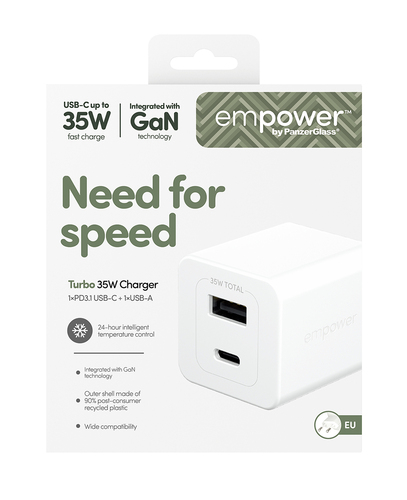 PanzerGlass Turbo 35 W AC Adapter - Universal Adapter - 1 USB - 1 USB Type-C - For Smartphone, Tablet PC - Europe - Silver
