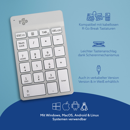 R-Go Tools Tastatur R-Go Numpad Break, ergonomischer Ziffernblock mit Pausensoftware, bluetooth, weiß. Geräteschnittstelle