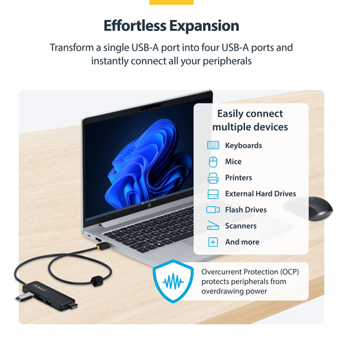 StarTech.com 4-Port USB-A Hub, 5Gbps, Bus Powered, USB-A to 4x USB-A Mini Hub, Extra Long 2ft/61cm Host Cable, 70% PCR Pla