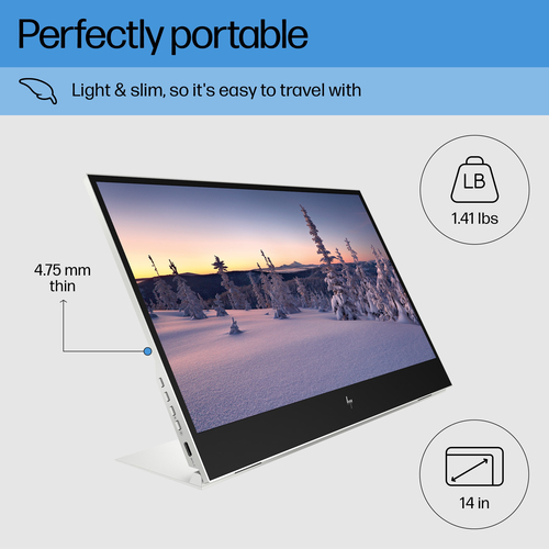 HP E-Series E14 G4 Portable Monitor. Display diagonal: 35.6 cm (14"), Display resolution: 1920 x 1080 pixels, HD type: Ful