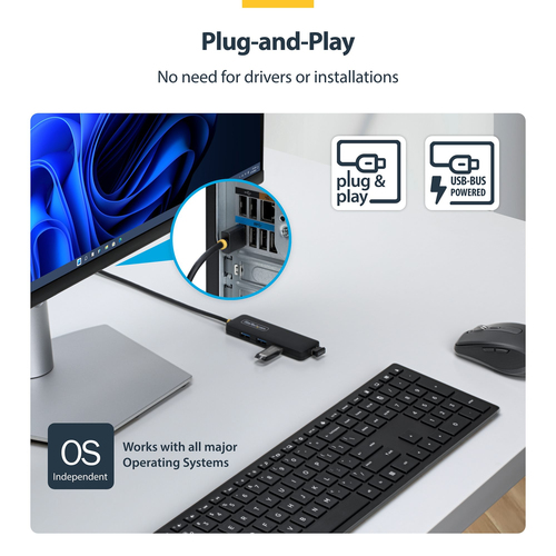 StarTech.com 4-Port USB-A Hub, 5Gbps, Bus Powered, USB-A to 4x USB-A Mini Hub, Extra Long 2ft/61cm Host Cable, 70% PCR Pla