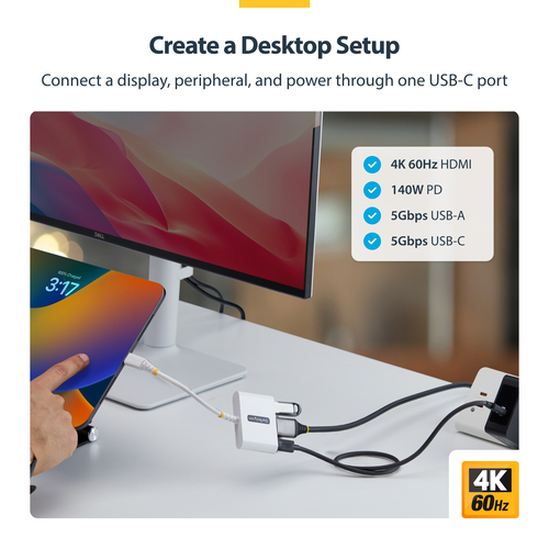 StarTech.com Adaptateur Multiport USB-C vers HDMI avec Charge PD 140W, HDMI 4K 60Hz, Hub USB 5 Gbps, Power Delivery 3.2, M