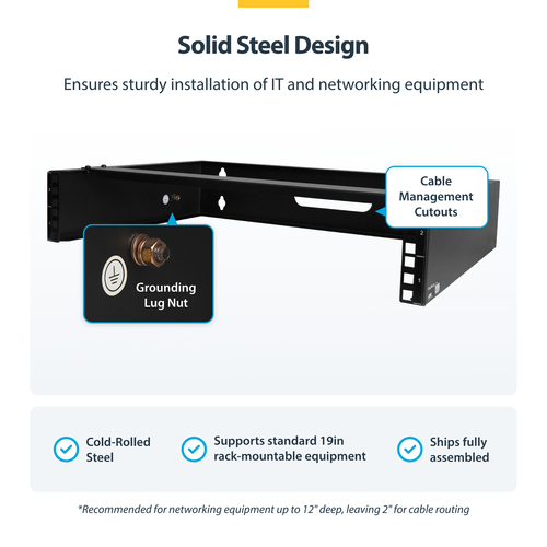 StarTech.com 2U Wall Mount Rack, 14in Deep, 19 inch Wall Mount Network Rack, Wall Mounting Patch Panel Bracket for Switch/