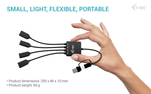 i-tec USB-C/USB-A Cable HUB 4 port (2x USB-C, 2x USB-A). Hostschnittstelle: USB 3.2 Gen 1 (3.1 Gen 1) Type-A + Type-C, Hub