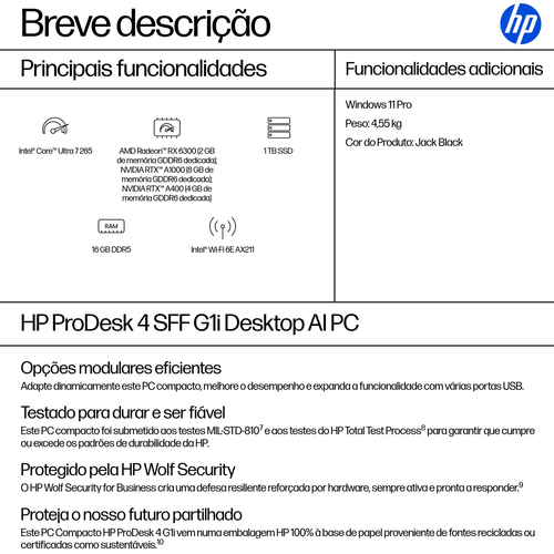 HP ProDesk 4 G1i Computador secretária - Intel Core Ultra 7 2ª geração 265 - 16 GB - 1 TB PCI Express NVMe SSD - Pequeno f