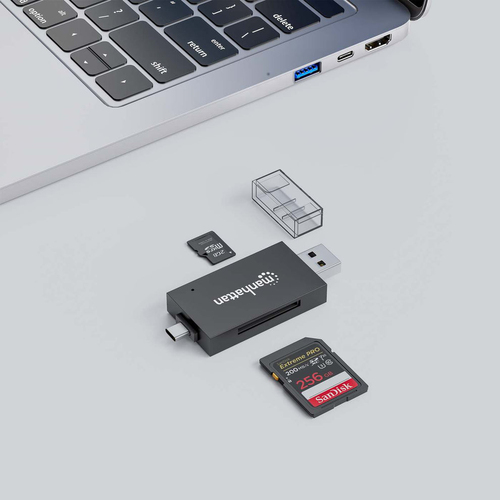 Manhattan USB-A / USB-C combo Multi-Card Reader/Writer, 5 Gbps (USB 3.2 Gen1 aka USB 3.0), Male to microSD and SD/MMC Slot