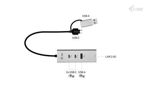 i-tec USB/Ethernet Combo Hub - USB Type A, USB Type C - 640 MB/s - Hard Drive, Keyboard, Notebook, Tablet, Desktop - 3 Tot