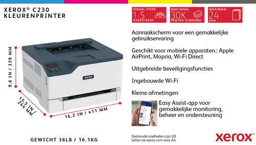 Xerox C230 A4 22ppm Wireless Duplex Printer PS3 PCL5e6 2 Trays Total 251 Sheets. Print technology: Laser, Colour. Number o