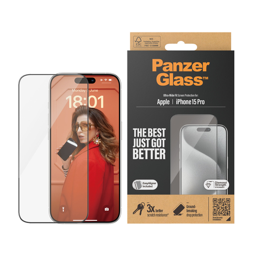 PanzerGlass Tempered Glass, Polyethylene Terephthalate (PET) Screen Protector for iPhone 15 Pro - Transparent - 1 / Pack -