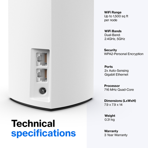 Linksys Velop WHW01 Wi-Fi 5 IEEE 802.11ac Ethernet Wireless Router - 2.40 GHz ISM Band - 5 GHz UNII Band - 3 x Antenna(3 x