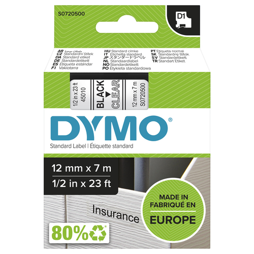 Mehrzwecketikett Dymo 45010 - 12 mm Breite - Rechteck - Thermotransfer - Glänzend - Schwarz, Transparent - Plastik