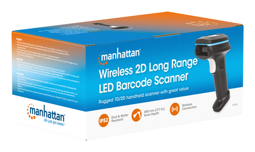 Manhattan Wireless 2D Handheld Barcode Scanner, 250mm Scan Depth, up to 80m effective range (line of sight), Max Ambient L
