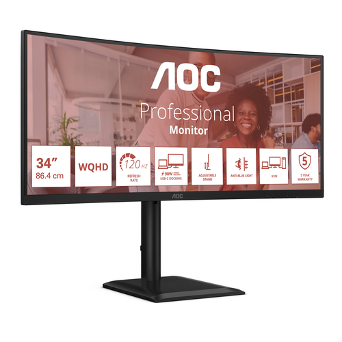 AOC E4 CU34E4CV. Display diagonal: 86.4 cm (34"), Display resolution: 3440 x 1440 pixels, HD type: UltraWide Quad HD, Disp
