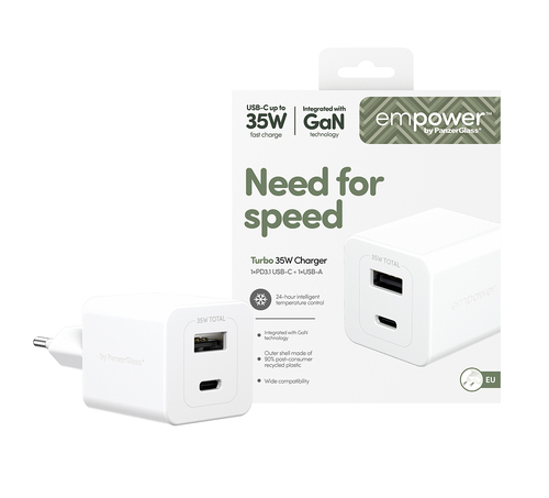 PanzerGlass Turbo 35 W AC Adapter - Universal Adapter - 1 USB - 1 USB Type-C - For Smartphone, Tablet PC - Europe - Silver