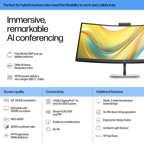 HP 534pm 34" Class Webcam UW-QHD Curved Screen LED Monitor - 21:9 - Jet Black - 86.4 cm (34") Viewable - Vertical Alignmen