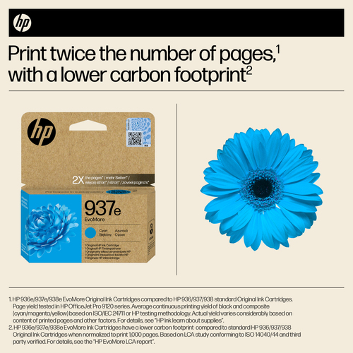 HP 937e EvoMore Cyan Original Ink Cartridge. Cartridge capacity: High (XL) Yield, Supply type: Single pack, Colour ink pag