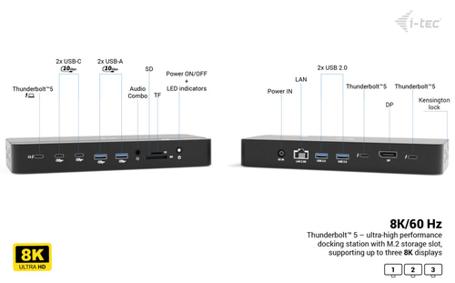 I-TEC THUNDERBOLT 5 DOCK 3X LCD M.2 SLOT 2.5 GLAN PD 140W UK