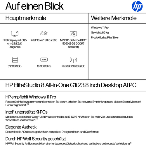 All-in-One-PC HP EliteStudio 8 AiO G1i - Intel Core Ultra 7 265 - 16 GB - 512 GB SSD - 60,5 cm (23,8 Zoll) Full HD - Deskt