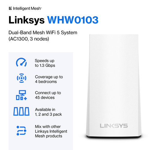 Linksys Velop WHW01 Wi-Fi 5 IEEE 802.11ac Ethernet Wireless Router - 2.40 GHz ISM Band - 5 GHz UNII Band - 3 x Antenna(3 x