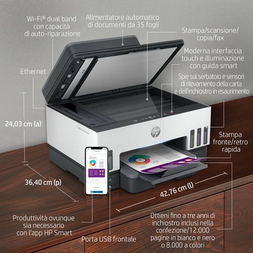 Stampante multifunzione a getto di inchiostro HP 7605 Smart Tank - Fotocopiatrice/Stampante/Scanner - 4800 x 1200 Stampa dpi