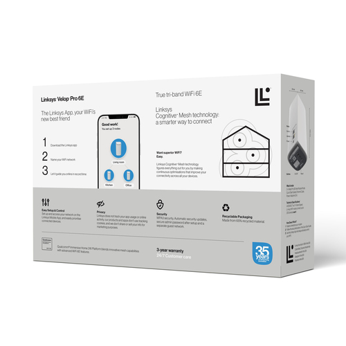 Linksys Velop Pro 6E MX6202 Wi-Fi 6E IEEE 802.11ax Ethernet Wireless Router - Tri Band - 1 x Network Port - 1 x Broadband 