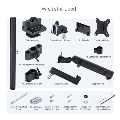 StarTech.com Triple Monitor Desk Mount For Up To Three 27in Screens, VESA 75x75/100x100, Tool-Less Arm Adjustments, C-Clam