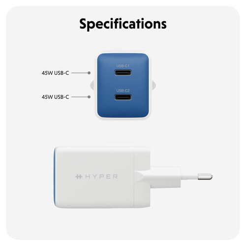 Hyper HyperJuice 45 W AC Adapter - Universal Adapter - For iPhone, iPad Air - Blue