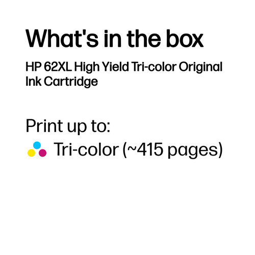 HP 62XL High Yield Tri-color Original Ink Cartridge. Colour ink page yield: 415 pages, Printing colours: Cyan, Magenta, Ye