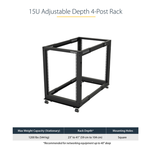 StarTech.com 15U 19" Open Frame Server Rack - 4 Post, Adjustable Depth 22 to 40" - Mobile Network Equipment Rack - HP ProL
