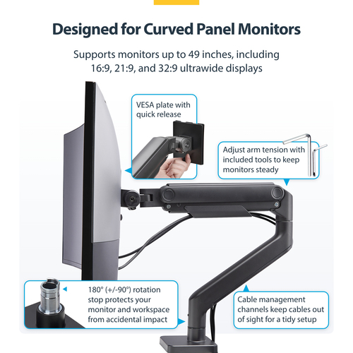 StarTech.com Monitor Desk Mount for up to 49in 32:9 Ultrawide Curved Screen, Mechanical Spring Arm, C-Clamp/Grommet, Max W