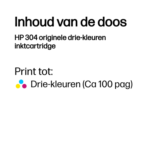 HP 304 Tri-color Original Ink Cartridge. Colour ink page yield: 100 pages, Printing colours: Cyan, Magenta, Yellow, Quanti