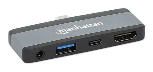 Manhattan USB-C Travel Dock/Hub, Ports (x4): HDMI, USB-A, USB-C and 3.5mm audio, With Power Delivery (100W) to USB-C Port,