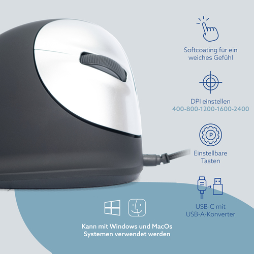 R-Go Tools HE Mouse R-Go , Ergonomische Maus, Mittel (Handlänge 165-185mm), rechtshändig, kabelgebunden, rechts, USB Typ-A