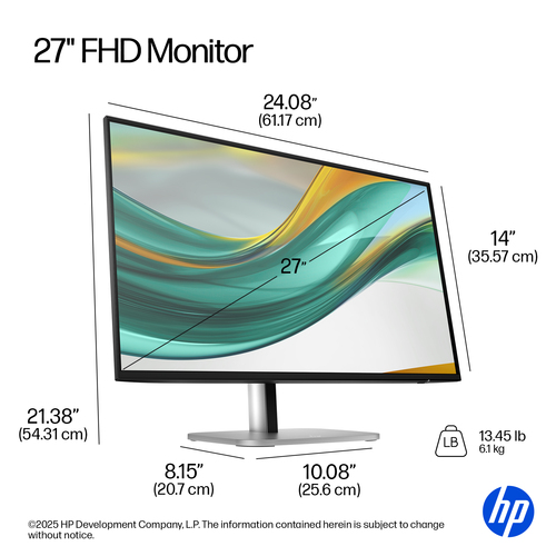 HP Series 5 Pro Écran FHD 27 pouces – 527pf. Taille de l'écran: 68,6 cm (27"), Résolution de l'écran: 1920 x 1080 pixels, 